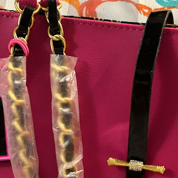 Juicy Couture Large Tote Bag Pink Black Patent Leather Gold Chain Tote - Picture 6 of 7